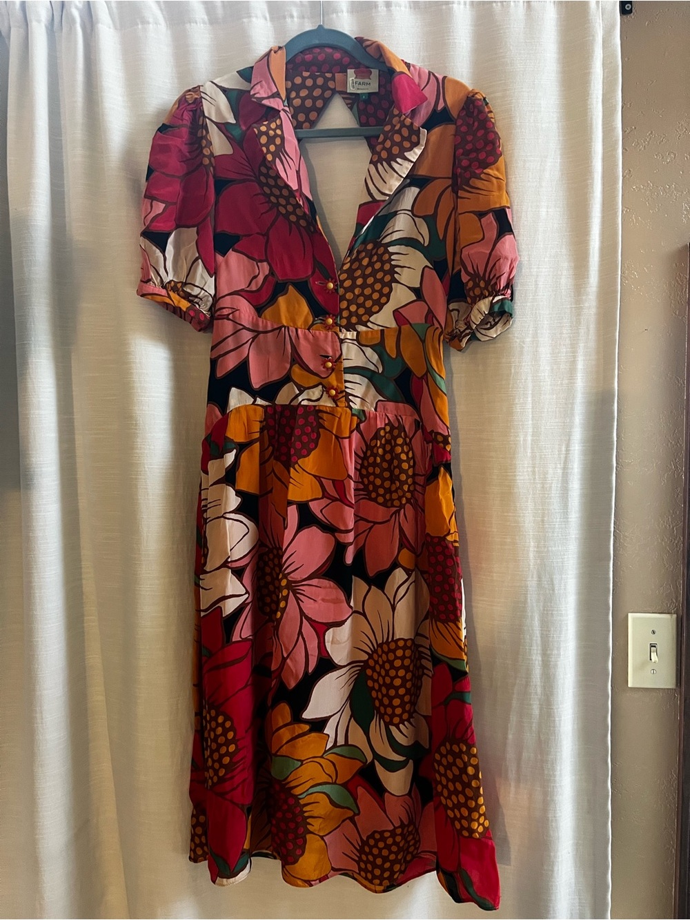 FARM Rio Pink, Red, Orange & Cream Floral Button-Front Midi Dress